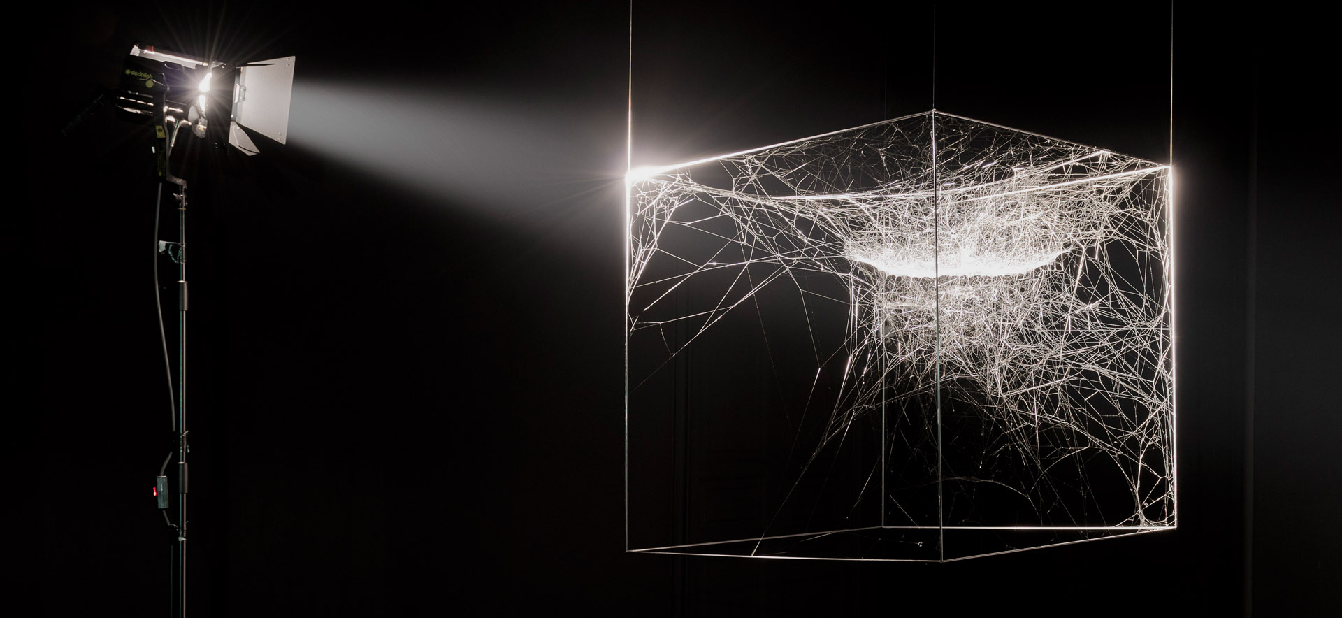 Tomás Saraceno, Cosmic Jive: the Spider Sessions, exhibition view at Museo di Villa Croce, Genoa - Italy, 2014, © Photography Nuvola Ravera, 2014