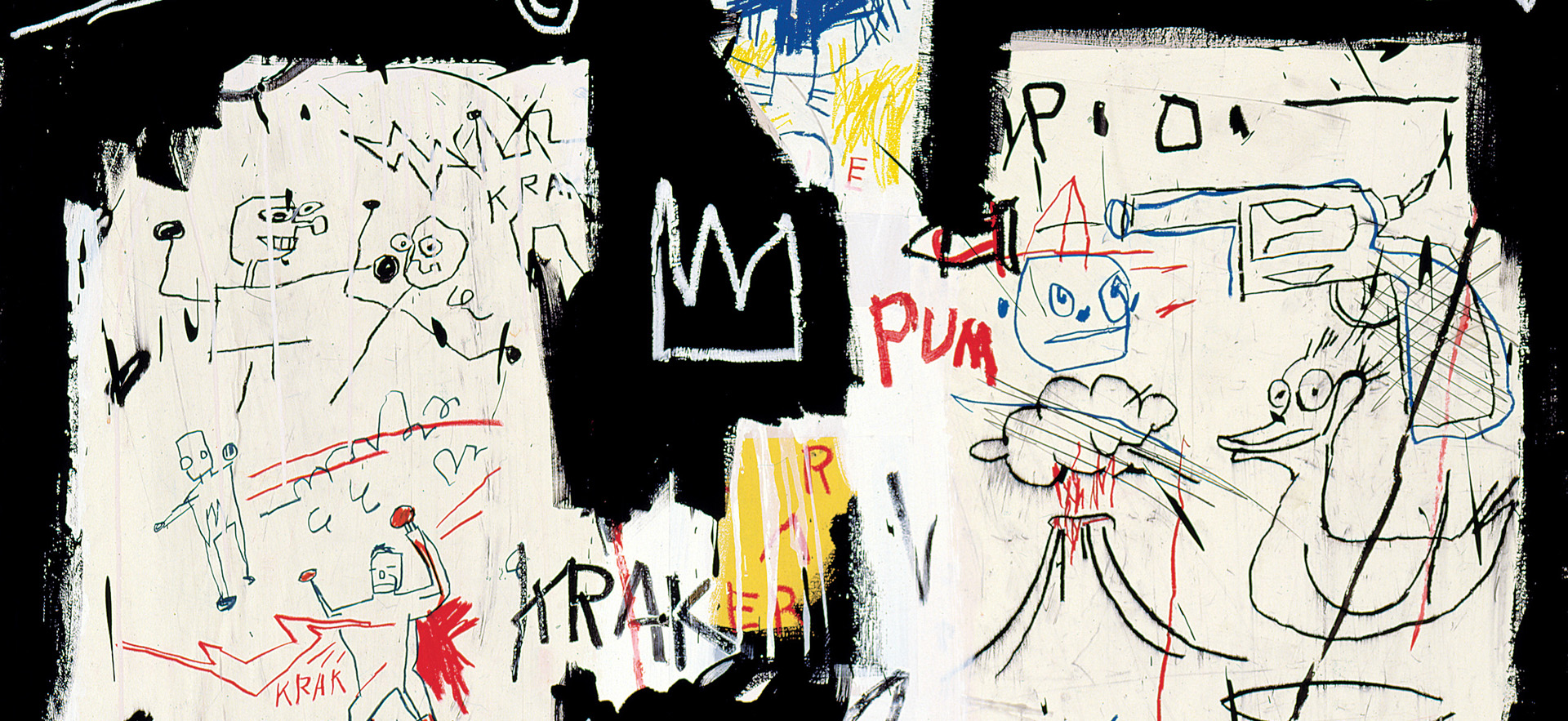 Jean-Michel Basquiat, A Panel of Experts, 1982, A Panel of Experts, 1982, Acrylic, oil stick and paper collage on canvas with exposed wooden supports and twine, The Montreal Museum of Fine Arts. Gift of Ira Young, © VG Bild-Kunst Bonn, 2017 & The Estate of Jean-Michel Basquiat, Licensed by Artestar, New York, Courtesy The Montreal Museum of Fine Arts, Foto: MFA, Douglas M. Parker