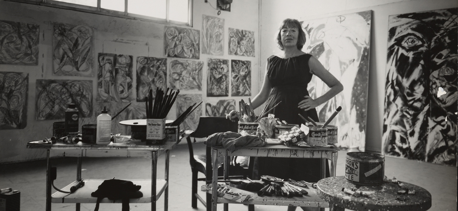 Lee Krasner in her studio in the barn, Springs, 1962, Photograph by Hans Namuth, Lee Krasner Papers, Archives of American Art, Smithsonian Institution, Washington, D.C © 1991 Hans Namuth Estate, Courtesy Center for Creative Photography