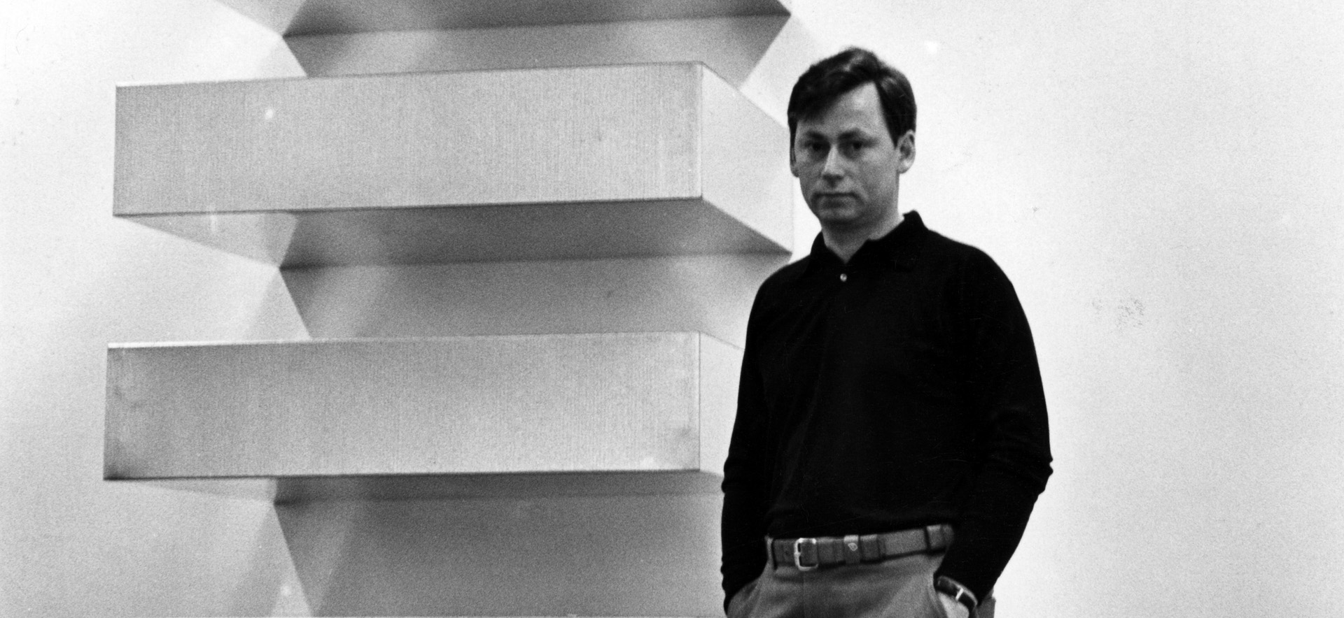 Donald Judd as he poses next to one of his works in the Leo Castelli gallery, New York, February 6, 1966, Photo: Fred W. McDarrah/Getty Images