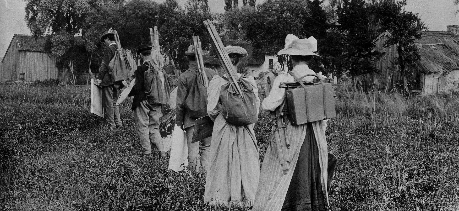 Freilichtmalerinnen in Worpswede, angeführt von Fritz Overbeck, fotografiert von Hermine Rohte, 1896, © Paula-Modersohn-Becker-Stiftung, Bremen